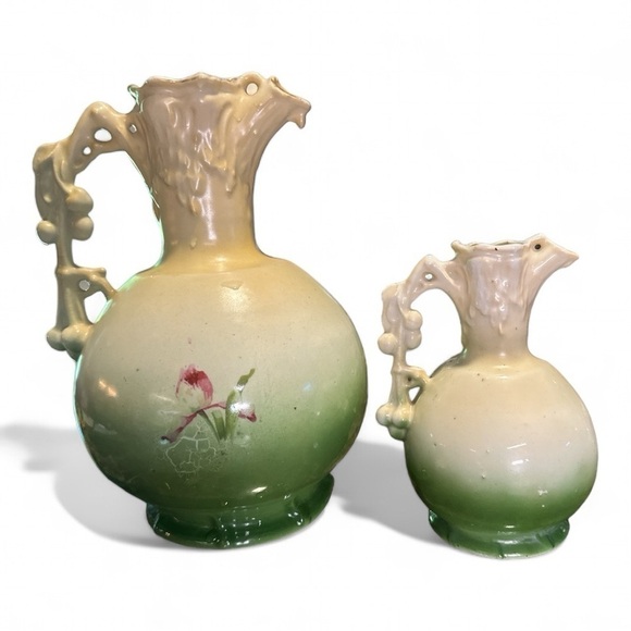 Set of Austrian Antique Jug/Pitchers Floral w Cherry Branch Handle - c.1940’s - Picture 3 of 6